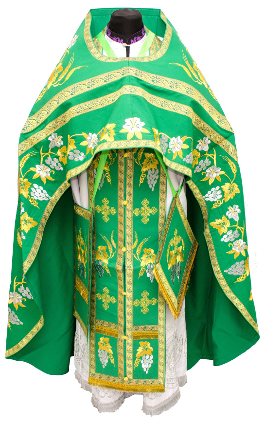 Priest Vestment, Embroidered on Gabardine, Embroidery "Lily" with Sewn Decorative Braid
