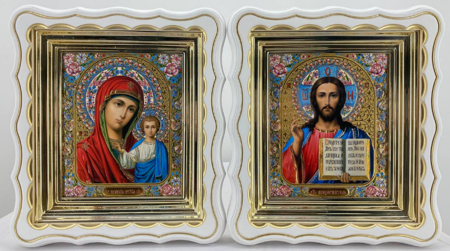 Icons "Wedding Couple" lithography, colored, flower, white, gold patina, 27×25 cm