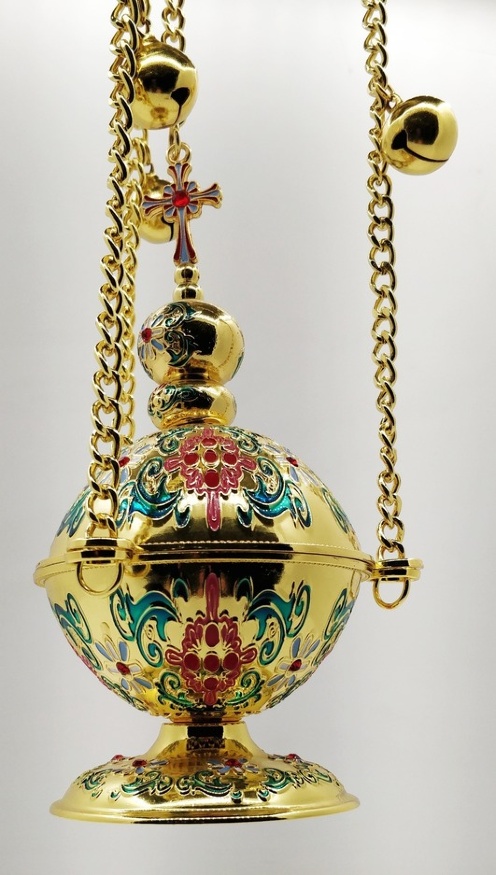 Censer, metal, colored enamel, gold, with bells