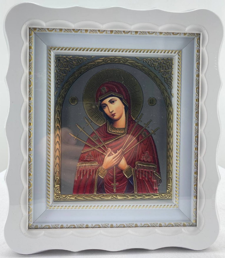 Icon of the Mother of God "Seven Arrows" without gilding, white frame, 27х25cm