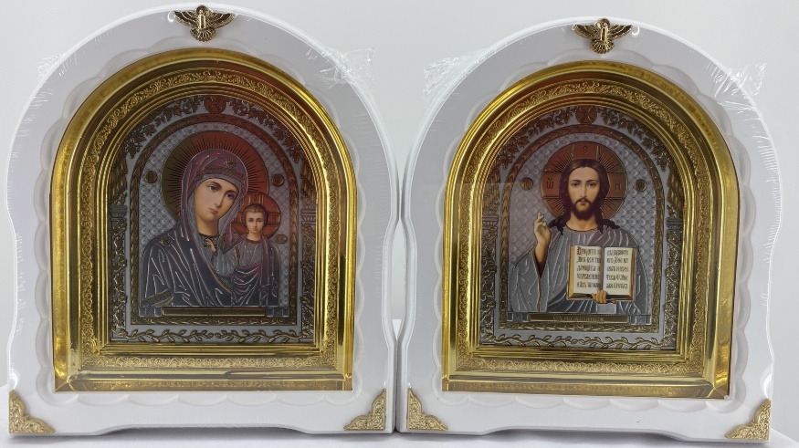 Icons "Wedding Couple" with litographic peacock, white, without patina, gold frame, 27x25cm