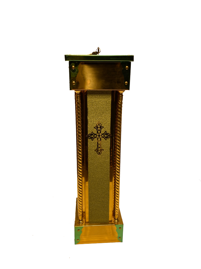 Offering for the church with brass pipes, bulat, fabric, and laser. 24.5×24.5cm (height 83cm)