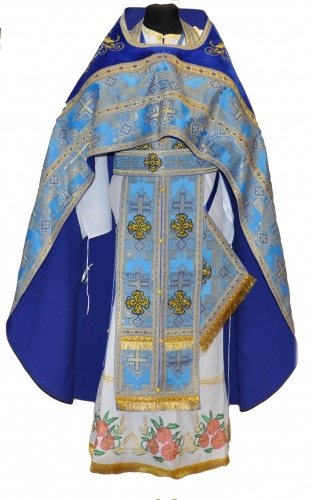 Priest Vestment Combined of Brocade "Pokrovsky Cross" with Embroidered Epitrachelion, Embroidery "New Pattern"