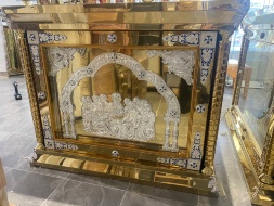 Altar Table 100×100, blue, white icons, aluminum, plywood