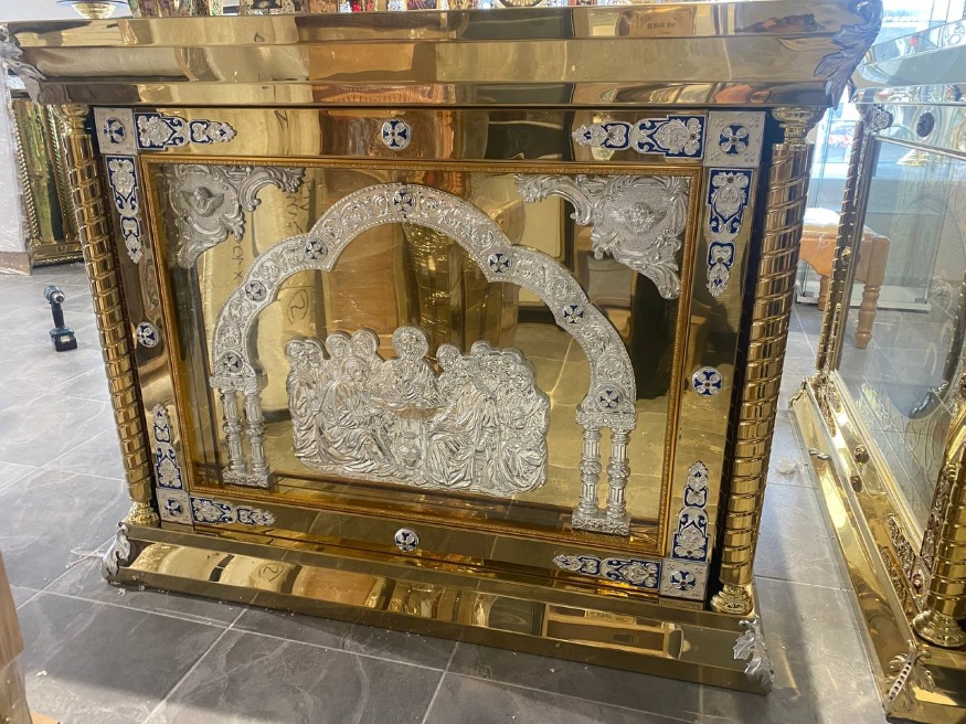 Altar Table 100×100, blue, white icons, aluminum, plywood