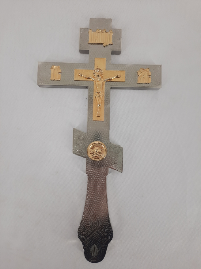Altar Cross, metal, silver, gold icon, 33.5×17.5 cm