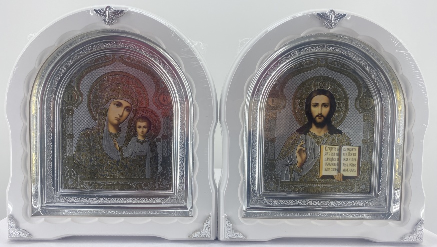 Icons "Wedding Couple" with dome-shaped flower, white, without patina, silver frame, 27x25