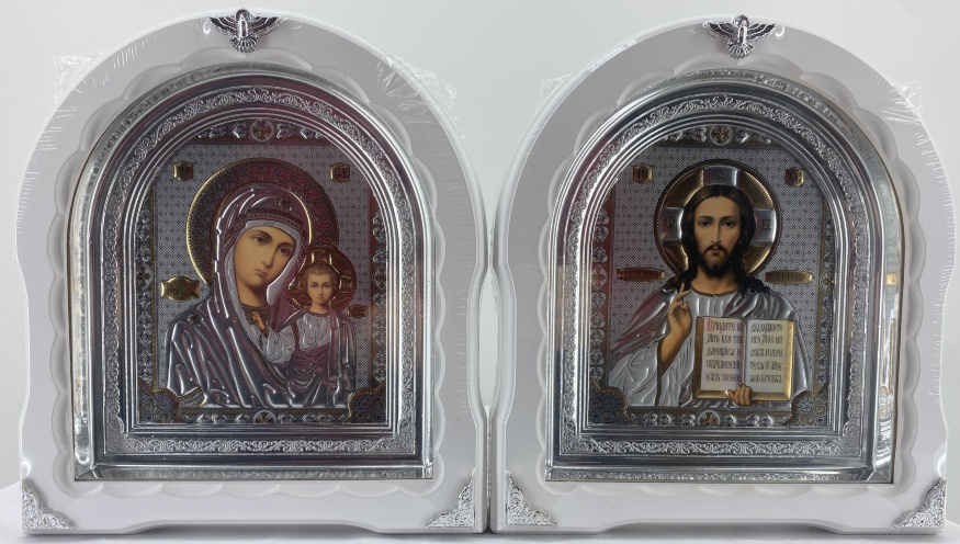Icons "Wedding Couple" lith. embossed, white, without patina, silver frame, 27×25