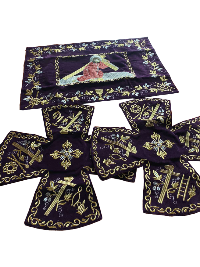 Veil Set and Aer with Embroidery "Carrying of the Cross", with Embroidered Galloon