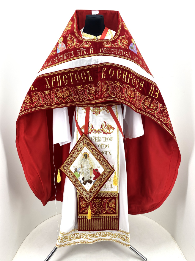 Combined priest vestment embroidered on velvet, with embroidered icons, "Paschal" embroidery