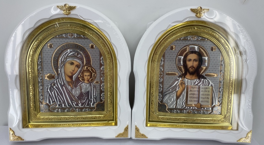 Icons "Wedding Couple" (lithographic embossing, white without patination, gold frame) 27×25cm