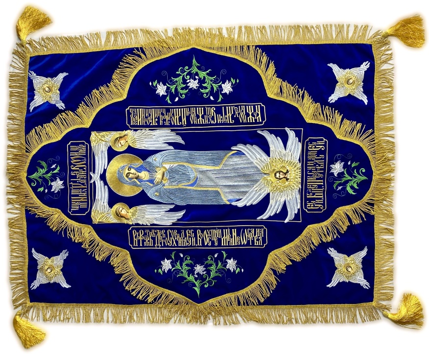 Shroud of the Theotokos on Velvet (Angels, Silver) (Tulip Embroidery, Embroidered Center)