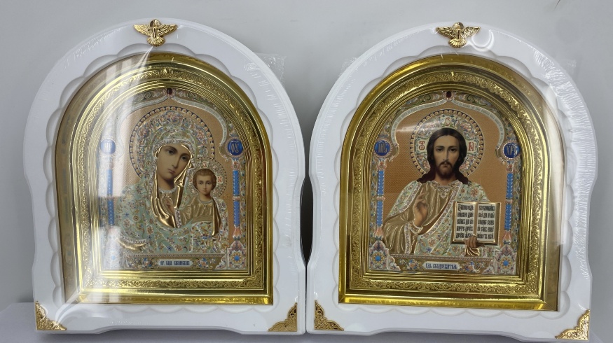 Icons "Wedding Couple" (lithograph, purchased, yellow, blue, white, without varnish, in a gold frame) 27×25 cm