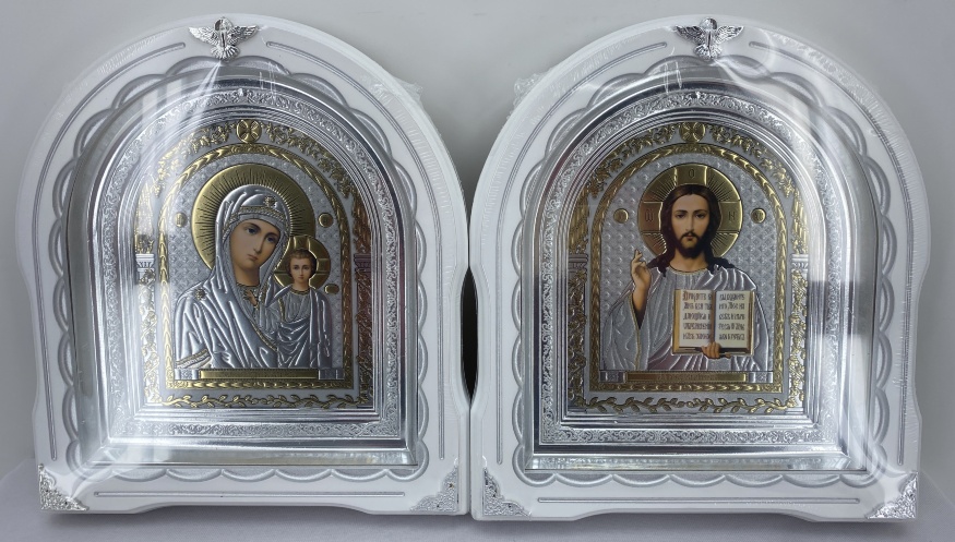 Icons "Wedding Couple" (lithograph peacock, white silver plating, silver frame) 27×25 cm