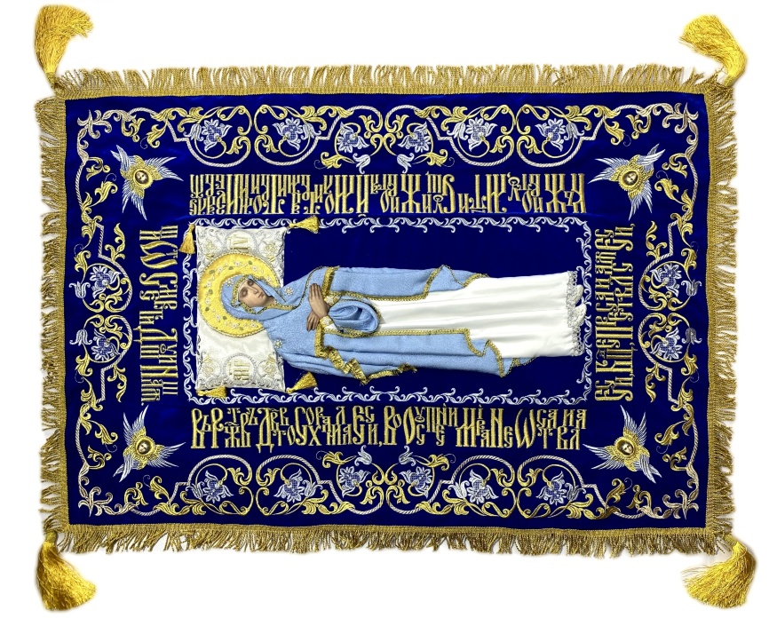 Shroud of the Mother of God on velvet 120×80cm (Angels, silver) (embroidered grapes, embroidered and decorated center)