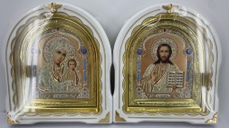 Icons "Wedding Couple" (liturgical dome yellow blue, white, gold, patinated gold frame) 27х25cm