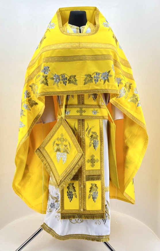 Priest Vestments, Embroidered Gabardine, "Lily" Embroidery with Sewn Galloon