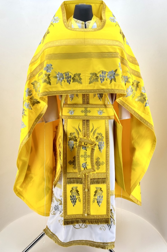 Priest Vestments, Embroidered Gabardine, "Lily" Embroidery with Sewn Galloon