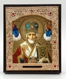 Icon of St. Nicholas the Wonderworker, gold background, blue miter, 11x13