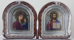 Icons "Wedding Couple" lithography colored, brown and silver plating, silver frame 27x25cm