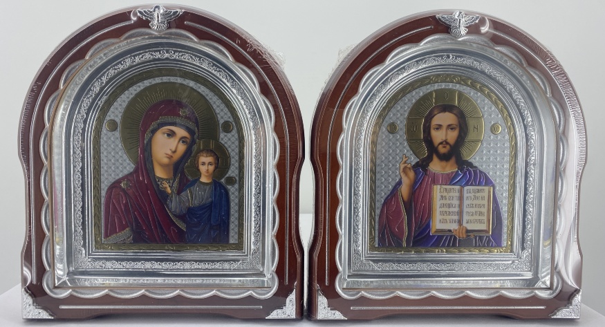 Icons "Wedding Couple" lithography colored, brown and silver plating, silver frame 27x25cm