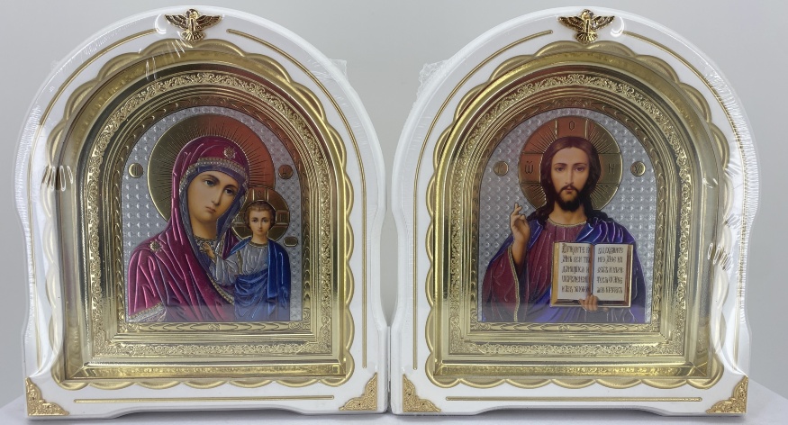 Icons "Wedding Couple" (liturgical colors, white with gold patina, gold frame) 27×25 cm