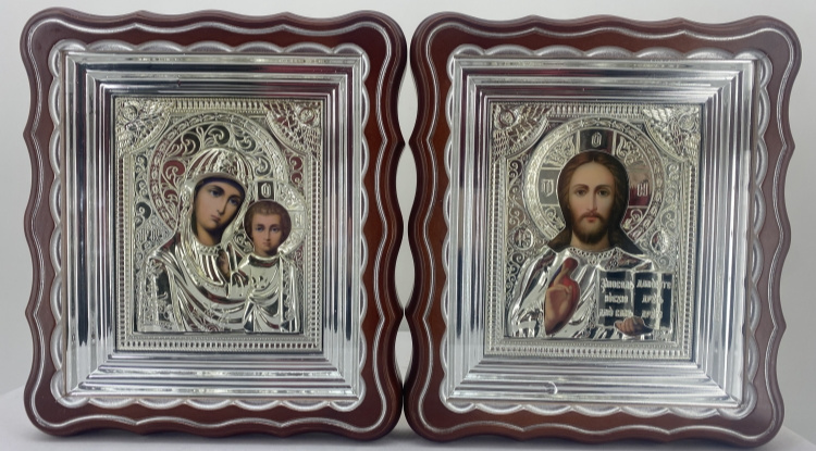 Icons "Wedding Couple" with Liturgical Silver Riza, Enamel, Silver-Plated, 27x24cm