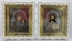 Icons "Wedding Couple" lith. dome - flower, white, patinated gold 27x24cm