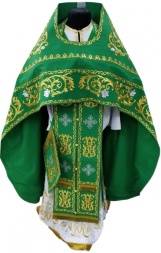 Priest Vestments, embroidered on gabardine, embroidered center with icons and embroidered galloon