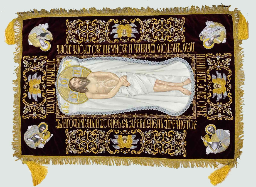 Embroidered Epitaphios on Velvet in Church Slavonic (Embroidery Ornament 2 with Angels) 120×80 cm