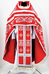 Embroidered Priest Vestments on Gabardine, "Rose" Embroidery with Sewn Galloon