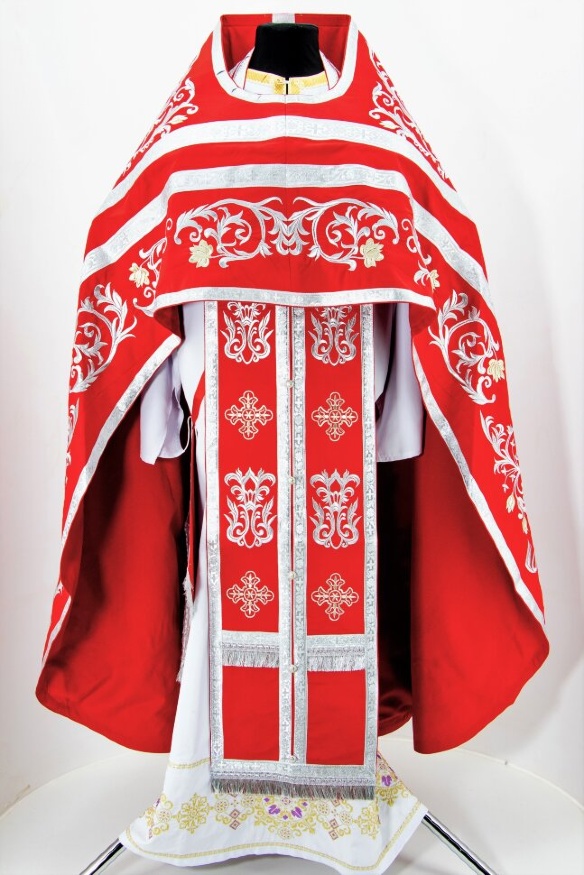 Embroidered Priest Vestments on Gabardine, "Rose" Embroidery with Sewn Galloon