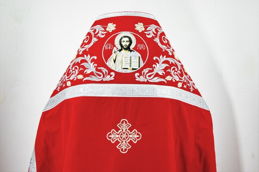 Embroidered Priest Vestments on Gabardine, "Rose" Embroidery with Sewn Galloon