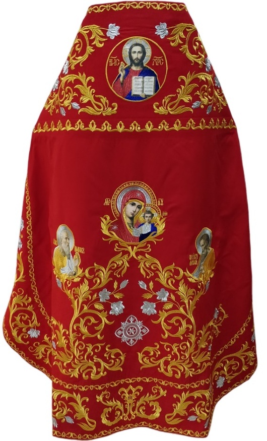 Priest Vestments, embroidered on gabardine, embroidered center with icons and embroidered galloon