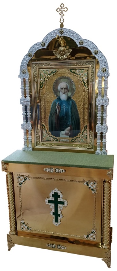 Icon Case with 3 Columns and an Icon of Saint Sergius of Radonezh