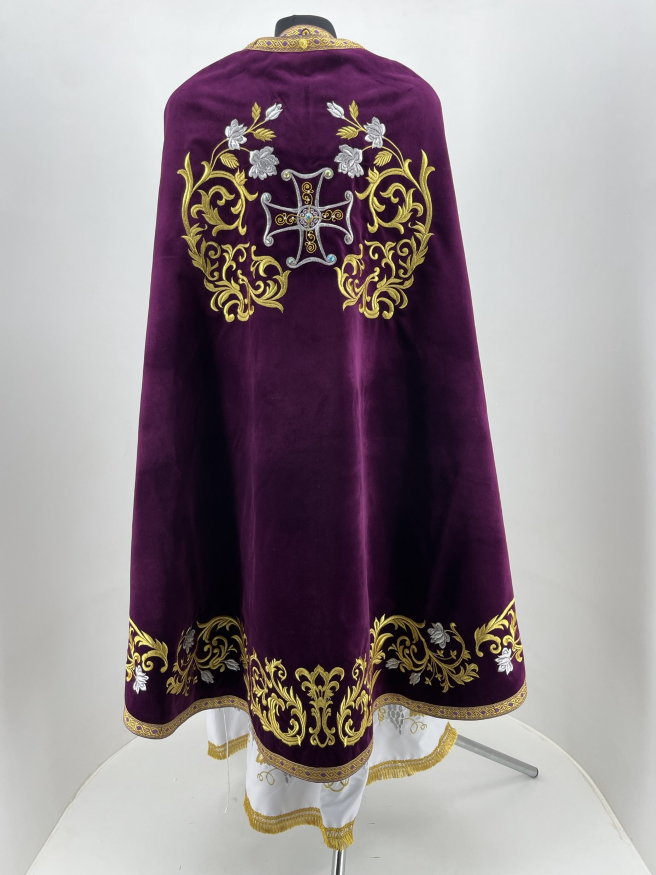 Priest Vestments, Greek Style, Embroidered on Velvet with Sewn Galloon, Embroidery "Rose, Embroidered Center"