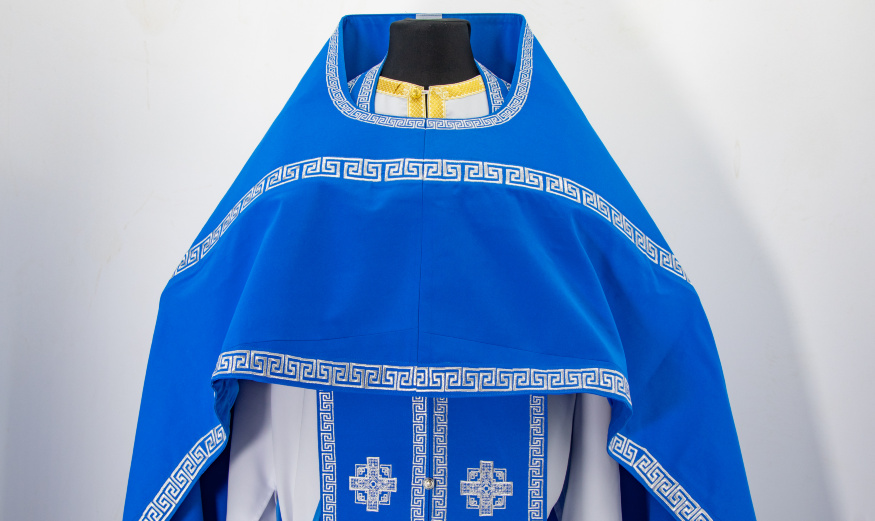 Embroidered Priest Vestments on Gabardine, "Meander" Embroidery with Embroidered Galloon