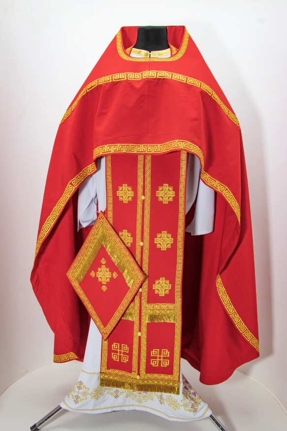 Embroidered Priest Vestments on Gabardine, "Meander" Embroidery with Embroidered Galloon