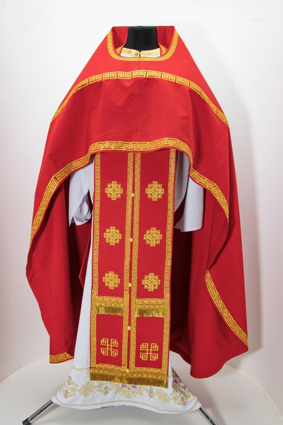 Embroidered Priest Vestments on Gabardine, "Meander" Embroidery with Embroidered Galloon