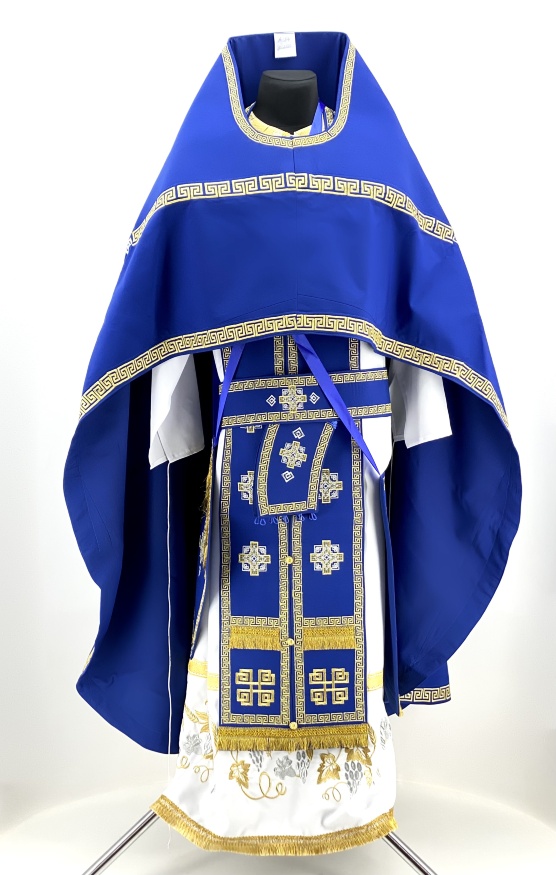Embroidered Priest Vestments on Gabardine, "Meander" Embroidery with Embroidered Galloon