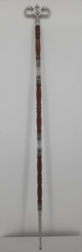 Wooden staff silver-plated, with serpents, enamel and stones 149х15.5 cm