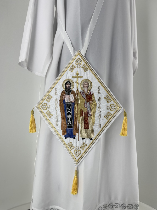 Embroidered Liturgical Staff with Icon of Saint Cyril and Saint Methodius