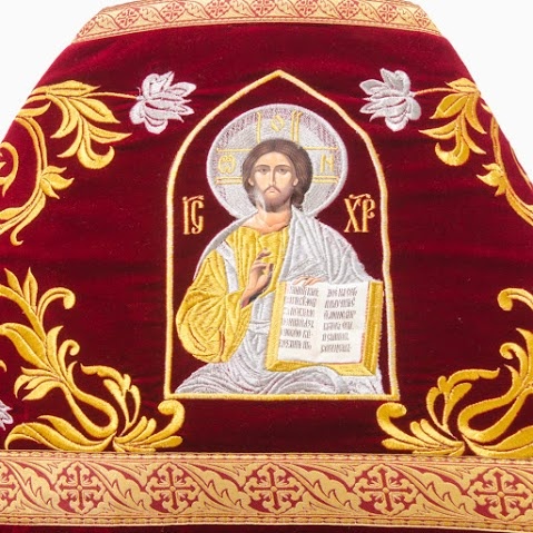 Vestments for Priest Embroidered on Velvet, "Rose" Embroidery with Sewn Galloon