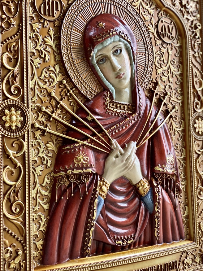 Icon of the Mother of God "Seven Arrows" (hand-painted, carved)