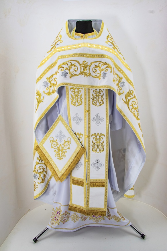 Priest Vestments, Embroidered on Velvet, "Rose" Embroidery with Sewn Galloon