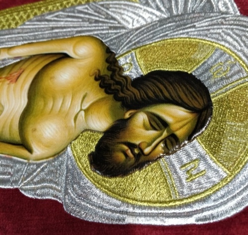 Epitaphios of the Savior in Church Slavonic on velvet (embroidered grapevine) Savior in Byzantine style 2 120x75