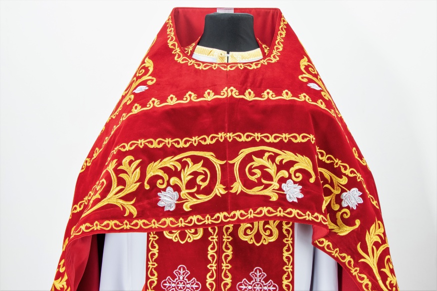 Priest Vestments, Embroidered on Velvet, Embroidered Center, with Embroidered Galloon
