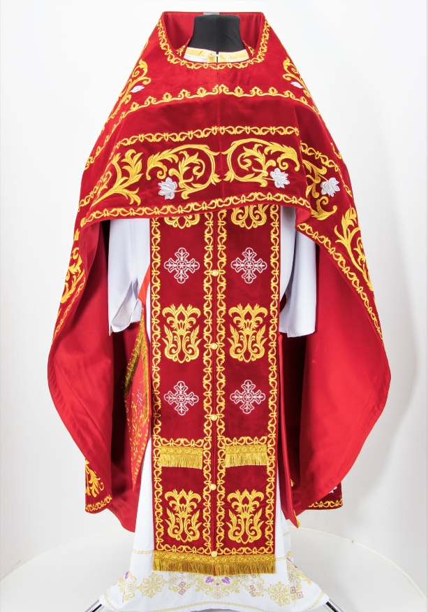 Priest Vestments, Embroidered on Velvet, Embroidered Center, with Embroidered Galloon