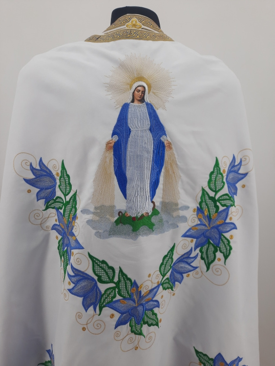 Priest Vestment, Greek Style, Embroidered Gabardine with Sewn Galloon, with Embroidered Icon of the Theotokos