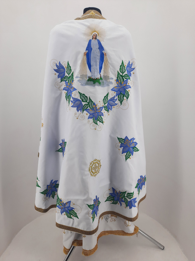 Priest Vestment, Greek Style, Embroidered Gabardine with Sewn Galloon, with Embroidered Icon of the Theotokos